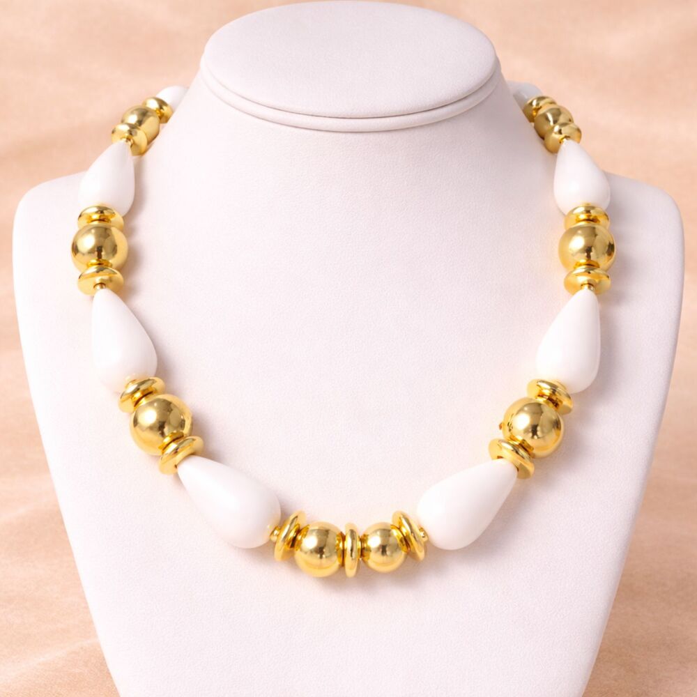Vintage Gold Tone and White Chunky Plastic Beaded Necklace